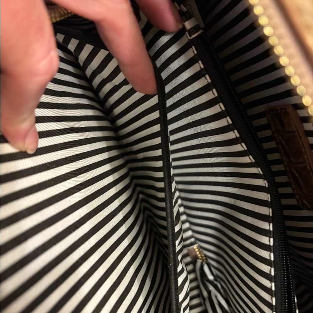 Round Croc-Embossed Crossbody Bag | Brown Ostrich Texture | Top Handle & Strap - Picture 7 of 9